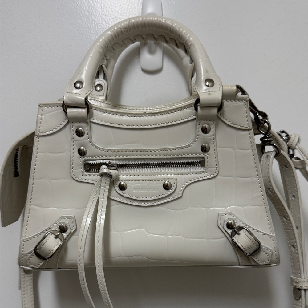 Balenciaga Cream Croc-Embossed Mini Crossbody Satchel